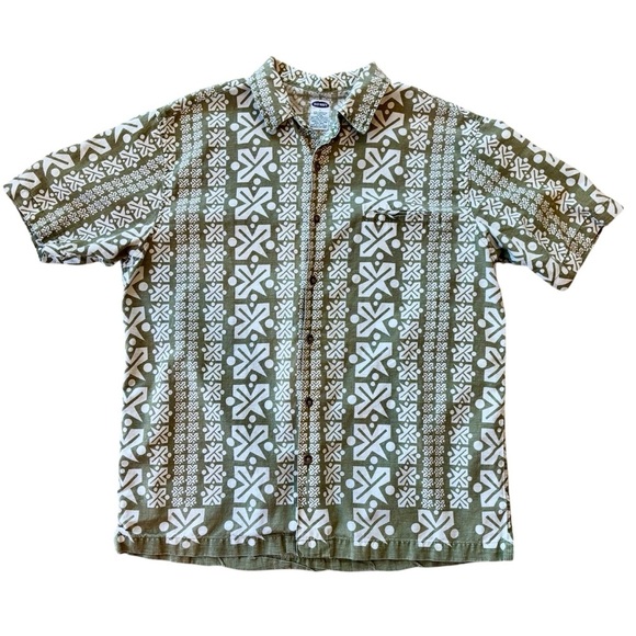 Old Navy Men’s Shirt Linen Blend Hawaiian Tiki Green Size Large - Picture 1 of 4